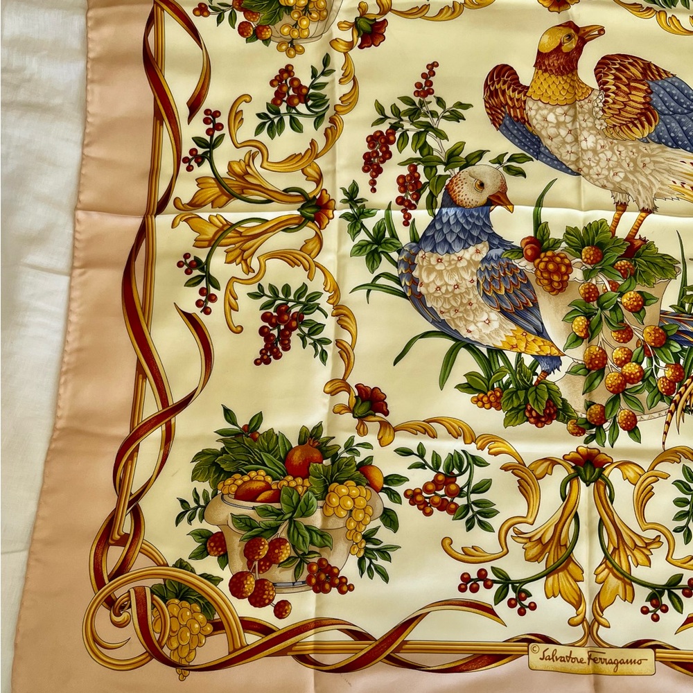 Salvatore Ferragamo Silk Scarf in Cream, Gold, Blue, Green, Brown - Picture 6 of 16